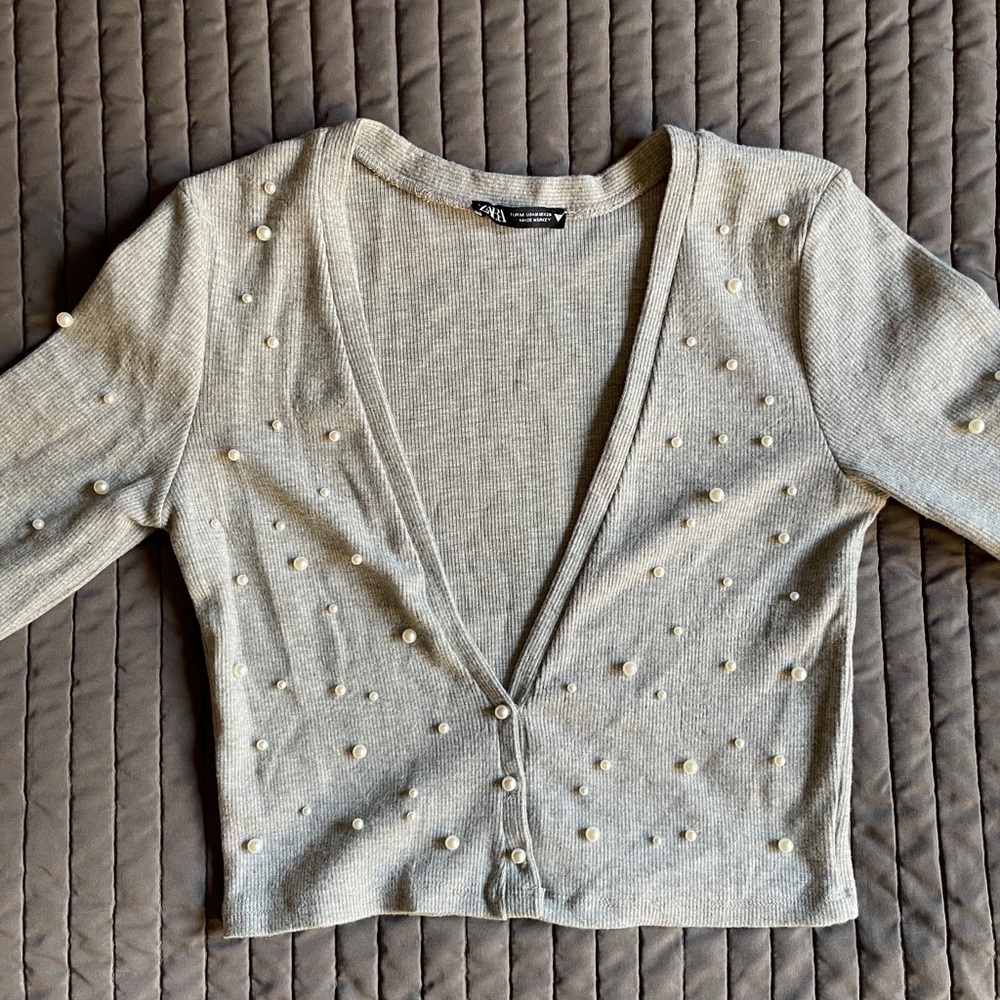 zara light grey pearl cardigan